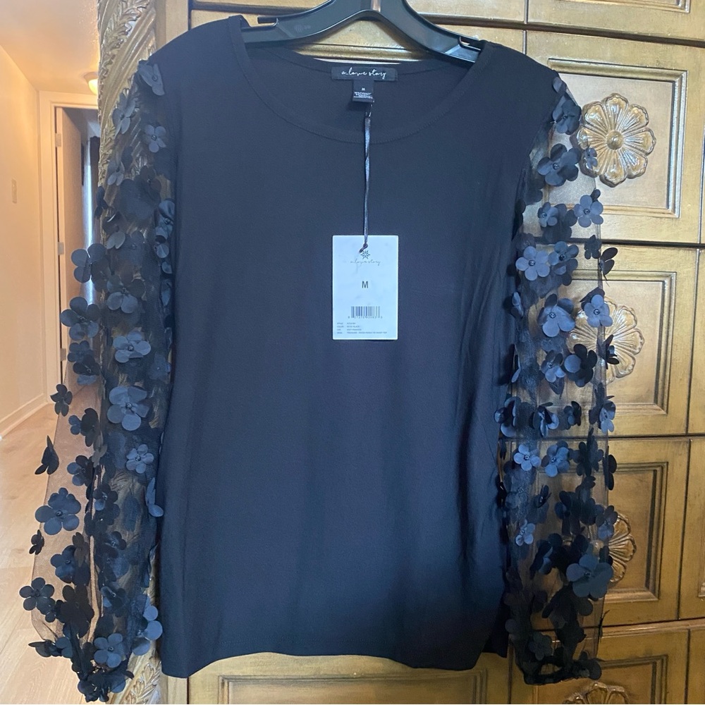 A Love Story Sheer Daisy Embellished Long Sleeve Top